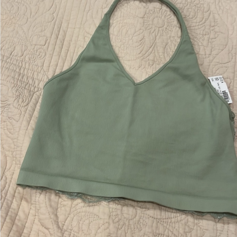 Green lace halter. Cute for petite girls/women with low lace back